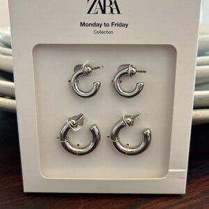 Zara Silver Loop Earrings Set of Two NEW